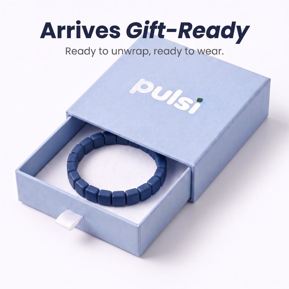 Pulsi gift box with a dark blue bracelet: arrives gift-ready