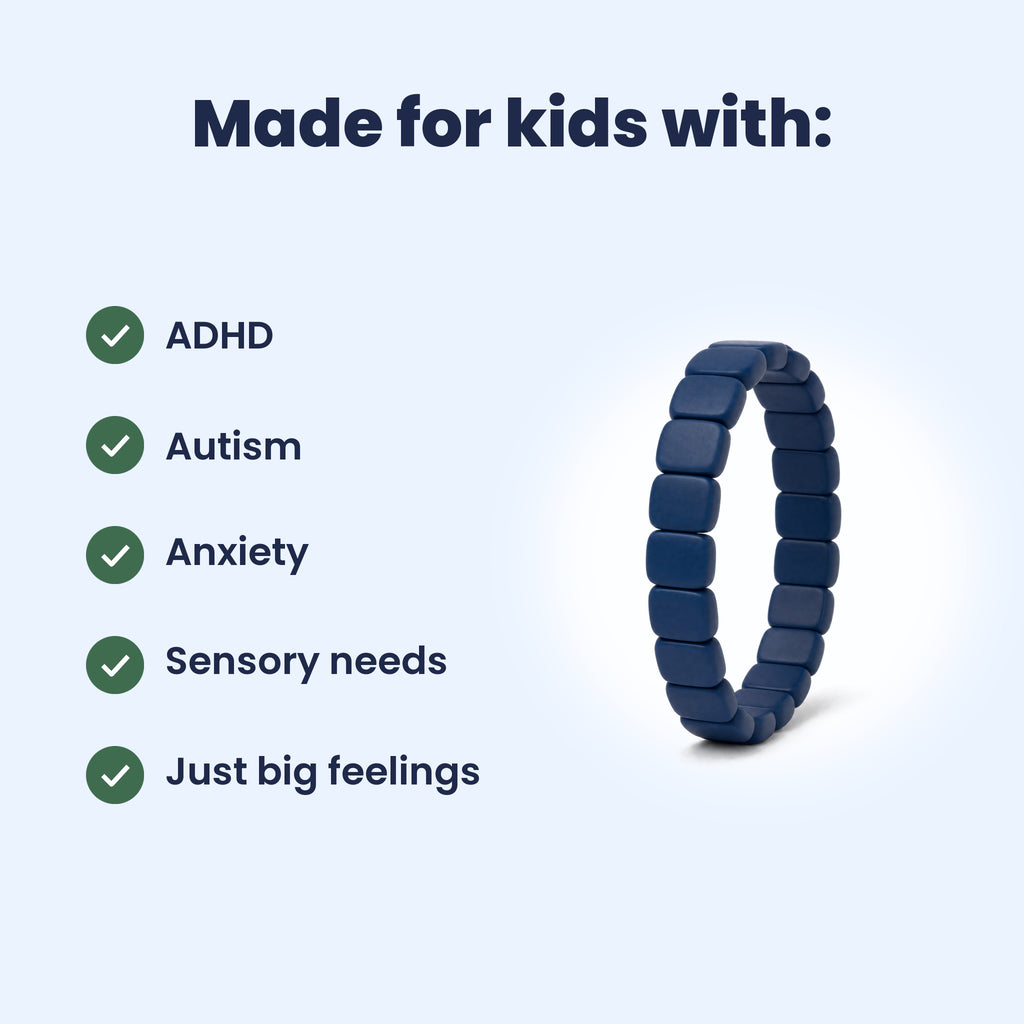 Made for kids with ADHD, autism, anxiety, sensory needs, or just big feelings: the dark blue Pulsi bracelet
