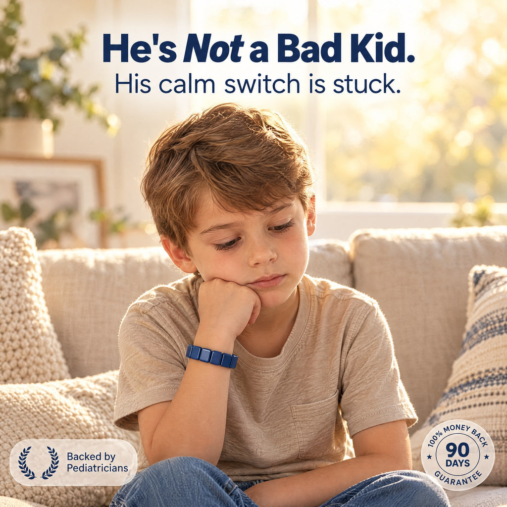 He's not a bad kid, his calm switch is stuck: boy on the couch wearing a dark blue Pulsi bracelet, 100% money back 90 days guarantee