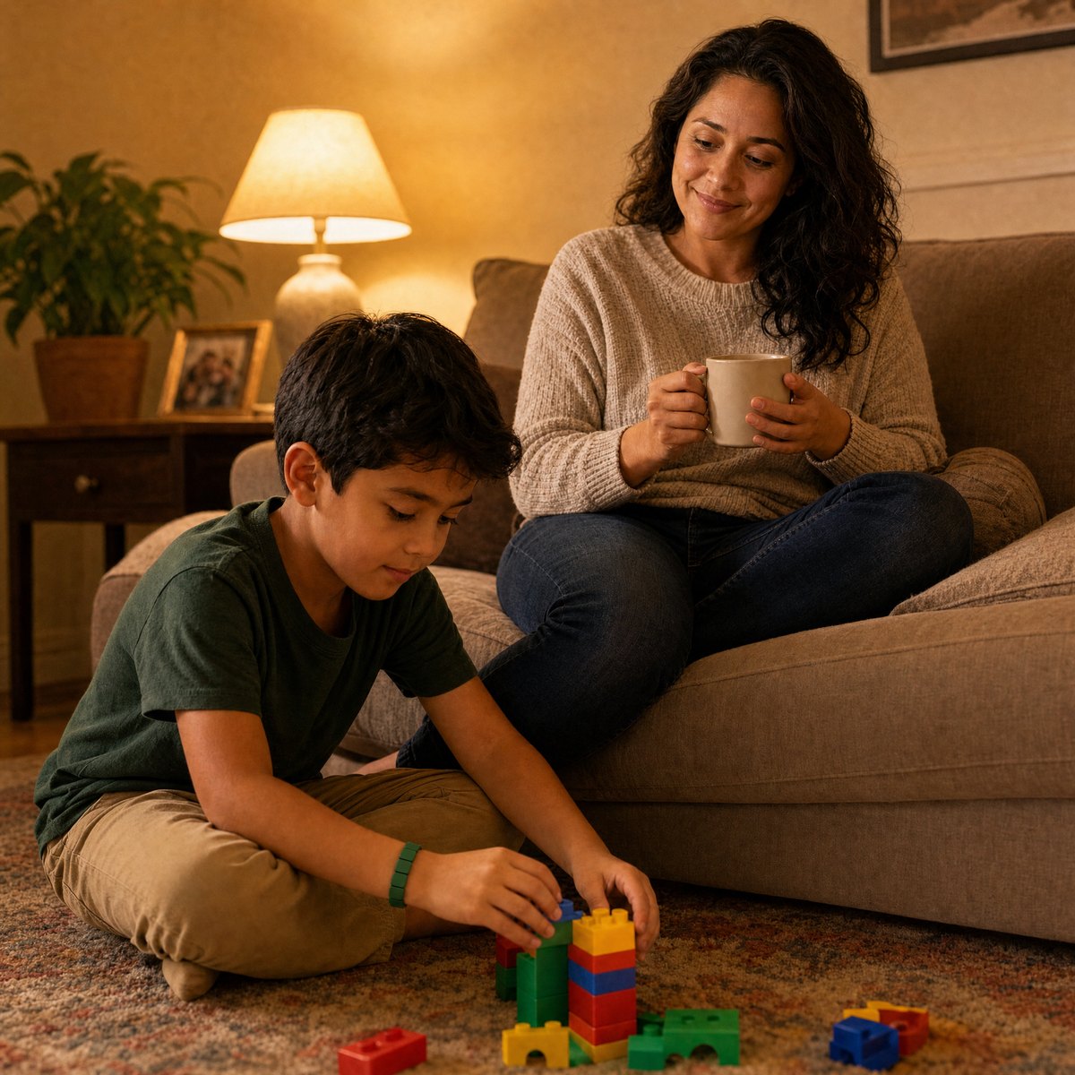 Relaxed mom with a cup of tea while her son plays calmly with blocks, wearing a forest green Pulsi bracelet