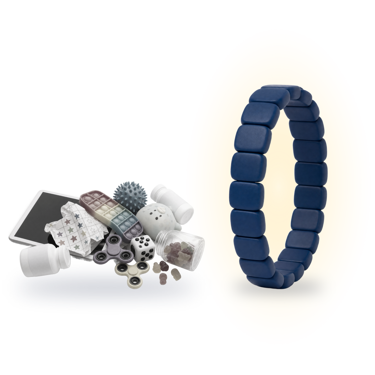 A loose, greyed-out heap of everything you've tried, and the dark blue Pulsi bracelet standing in the light