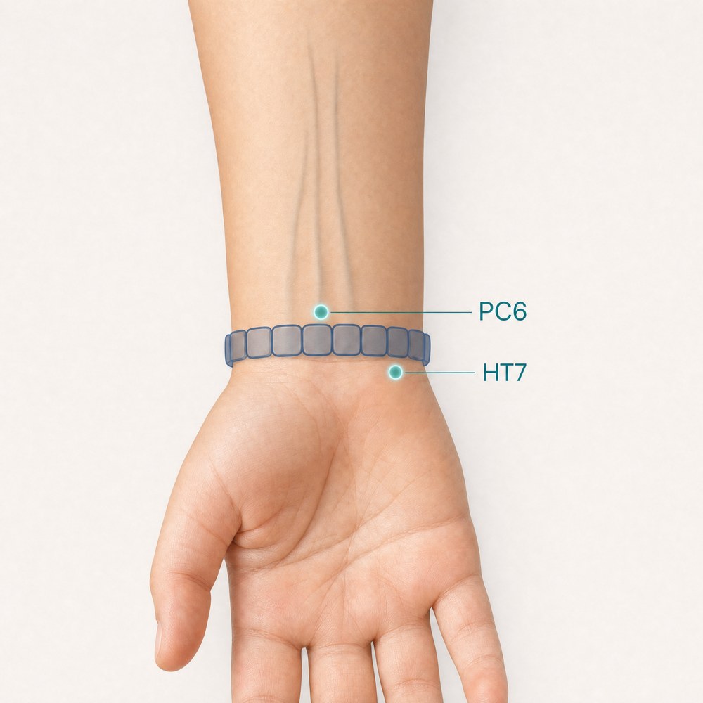 Diagram of a child's inner wrist: the acupressure point PC6 just above the Pulsi bracelet and HT7 just below it
