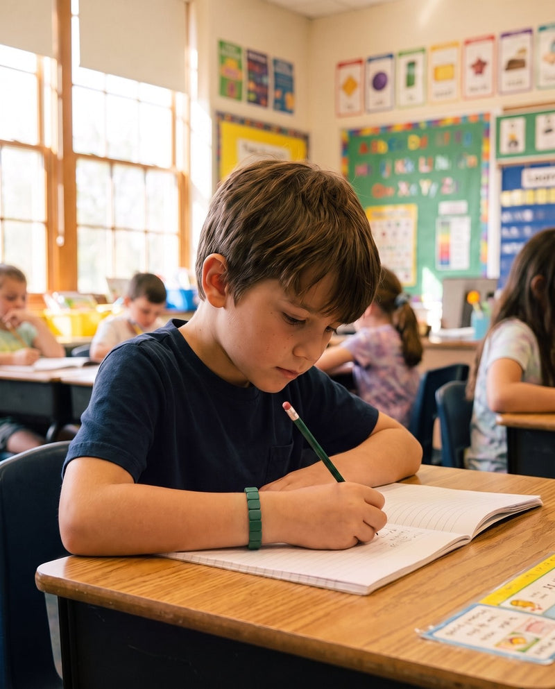 Boy focused at his school desk wearing a forest green Pulsi bracelet