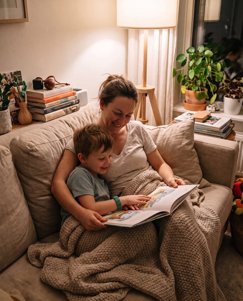 Mother and son reading together, forest green Pulsi bracelet on his wrist